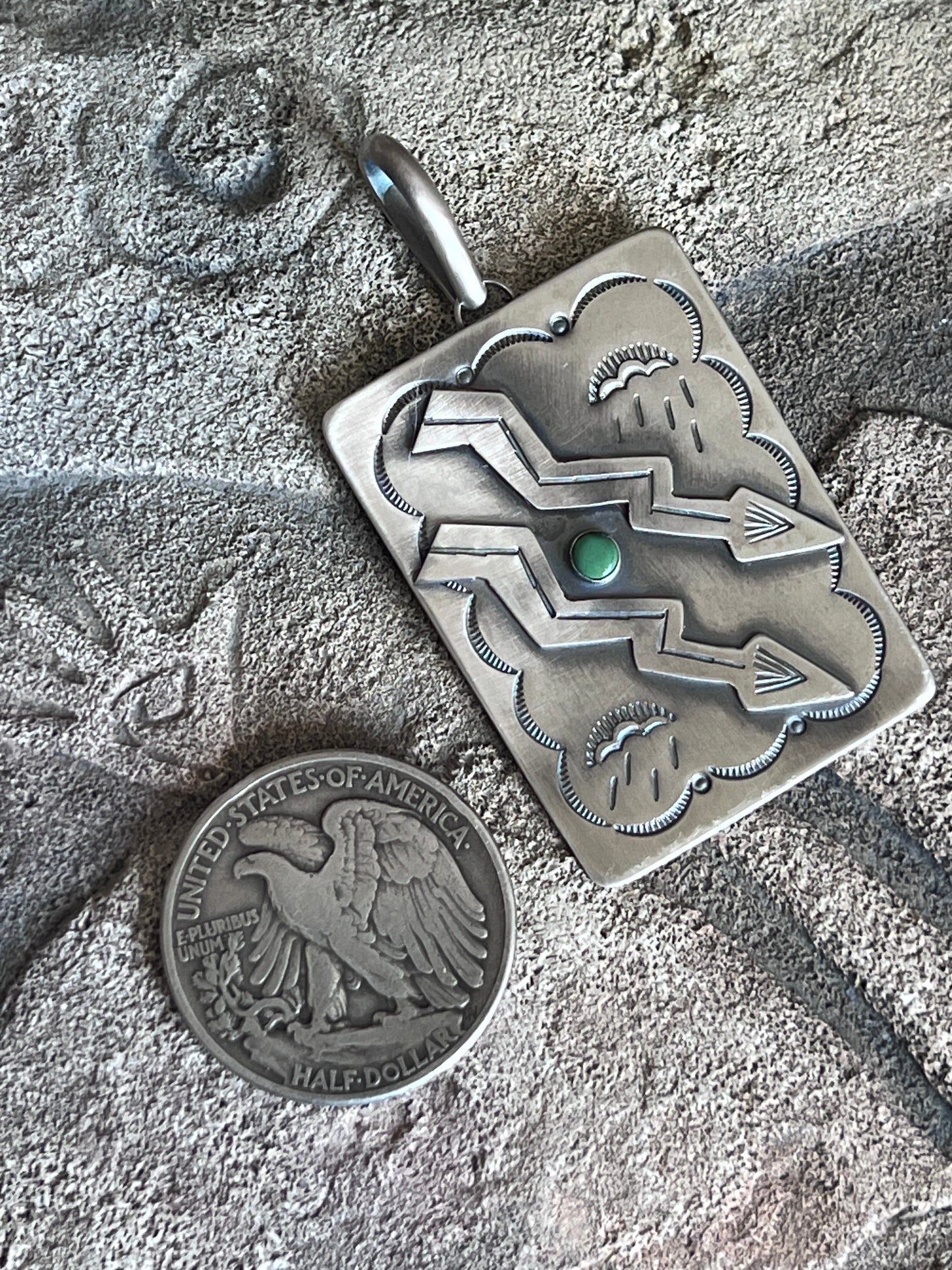 Hand Stamped Sterling Silver Fred Harvey Era Inspired Double Lightning Strike Tag Pendant by Kimari Somers