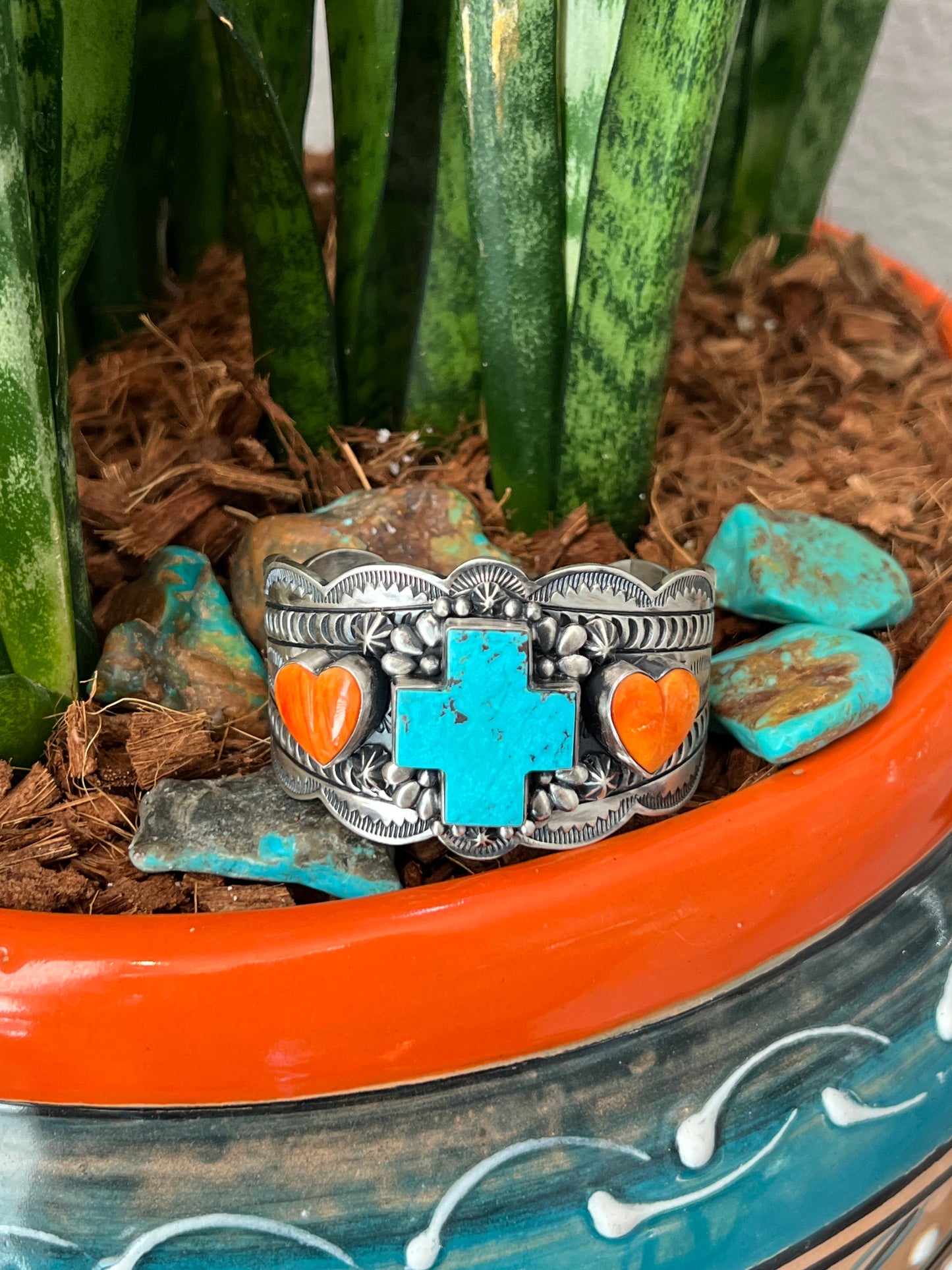 Navajo Sterling Silver, Kingman Turquoise and Spiny Oyster Santa Fe Cross Cuff Bracelet by Murphy Platero