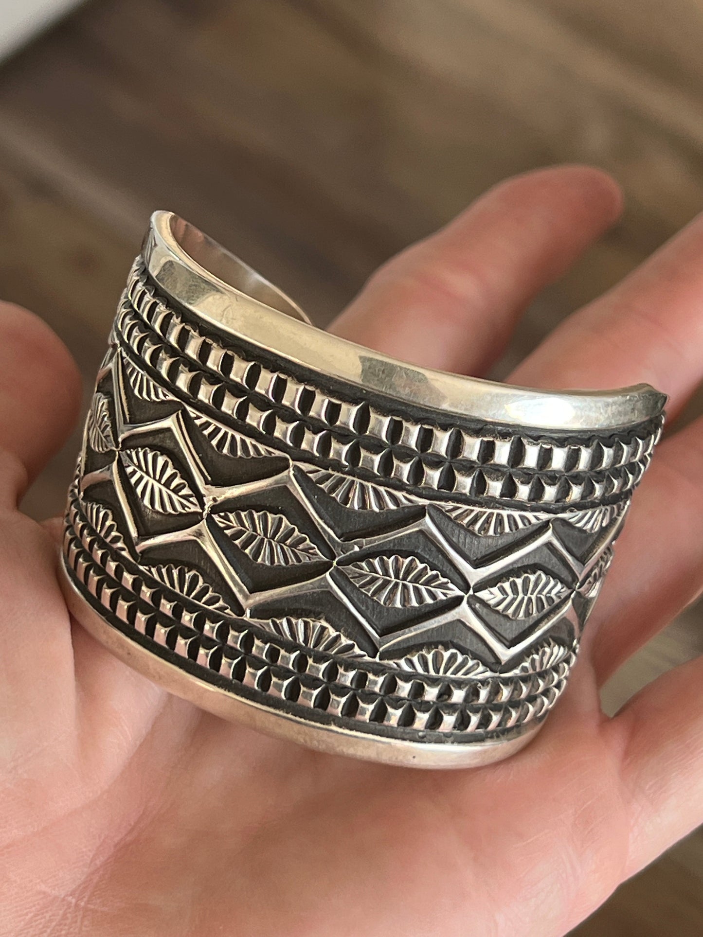 Old Pawn Navajo Sterling Silver Deep Stamped Cuff Bracelet by Elvira Bill