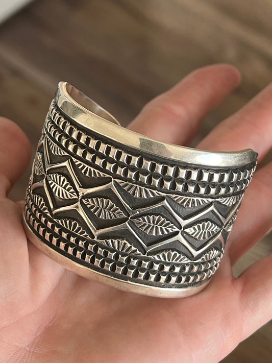 Old Pawn Navajo Sterling Silver Deep Stamped Cuff Bracelet by Elvira Bill