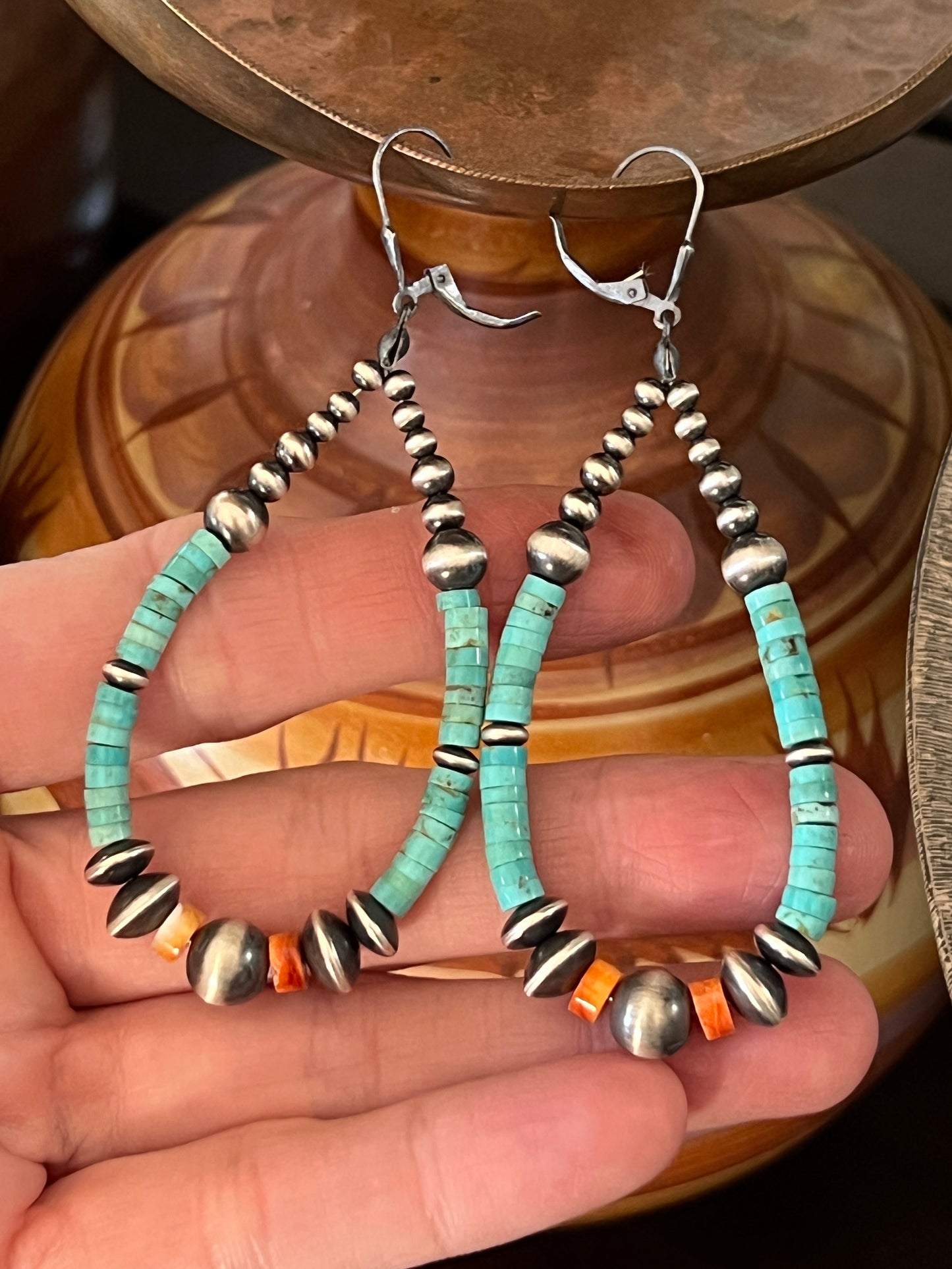 Navajo Made Sterling Silver, Kingman Turquoise and Orange Spiny Oyster Beaded Teardrop Hoop Earrings, Leverback