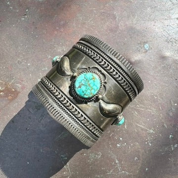 Navajo Made Sterling Silver Turquoise Wonder Woman Cuff Bracelet, Signed Albert Jake