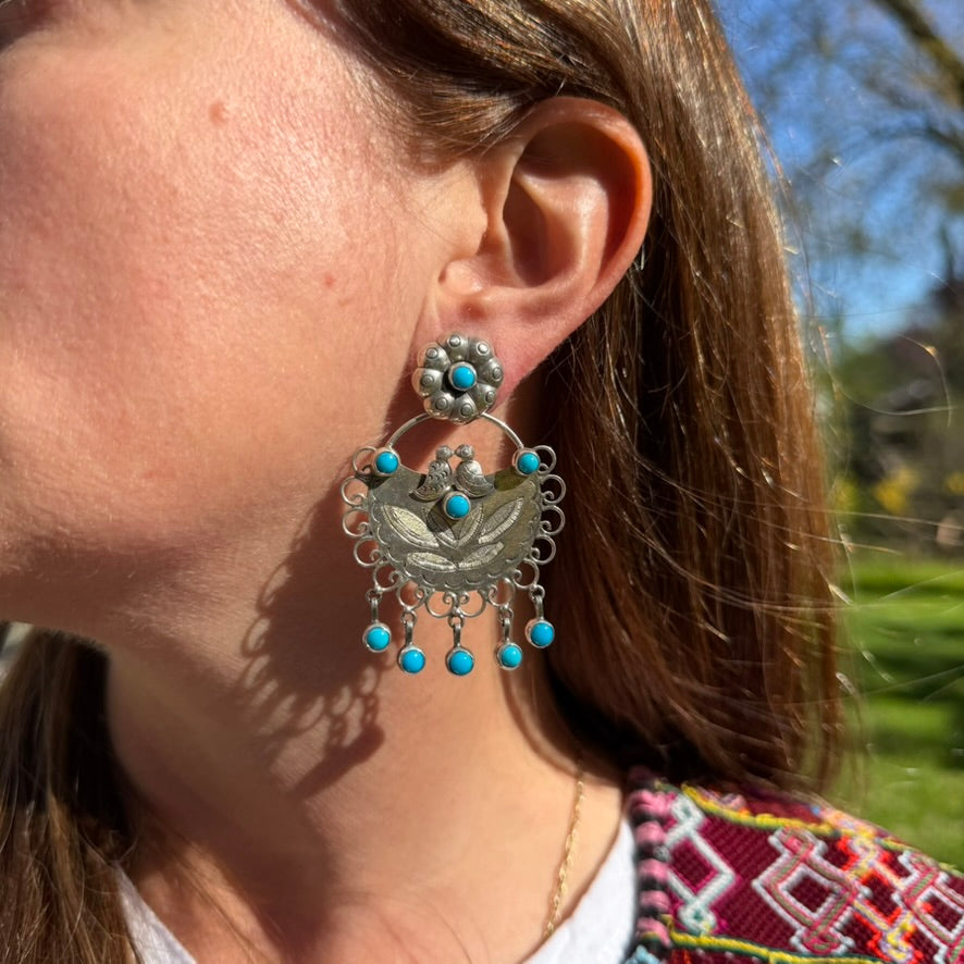 Sterling Silver Turquoise Flower Lovebird Earrings by Federico Jimenez
