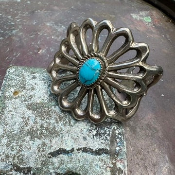 Vintage Cast Sterling Silver Turquoise Flower Cuff Bracelet, Signed RM