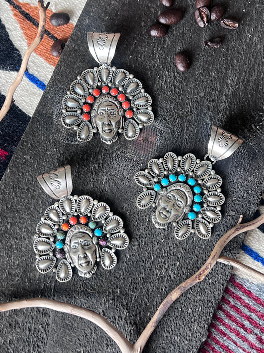 Sterling Silver Chief Pendant by Patrick Yazzie: Coral, Turquoise or Rainbow