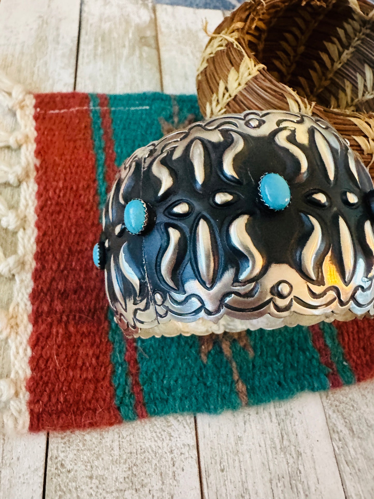 Navajo Sterling Silver & Turquoise Bangle Bracelet by Leander Tahe