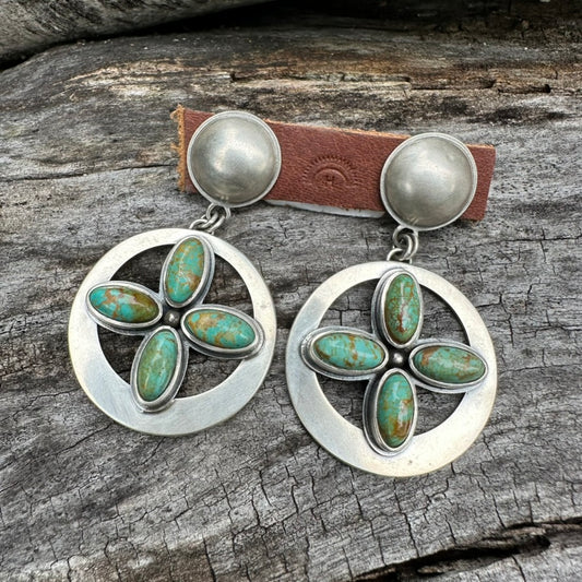 Artisan Made Sterling Silver and Green Turquoise Four Directions Earrings by Dennis Hogan
