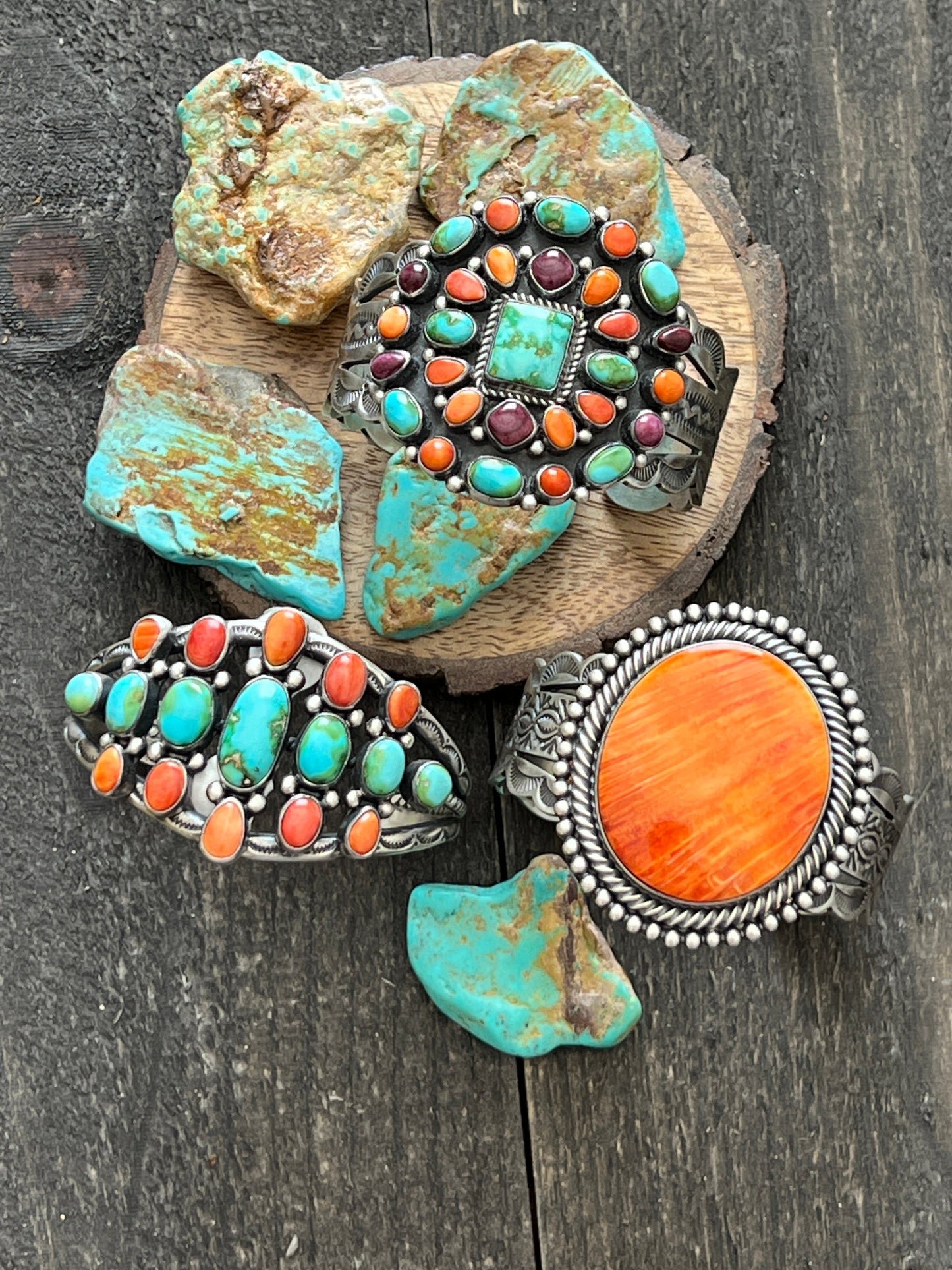 Navajo Sterling Silver Electric Rainbow Sonoran Turquoise and Spiny Oyster Cluster Cuff Bracelet by Murphy Platero