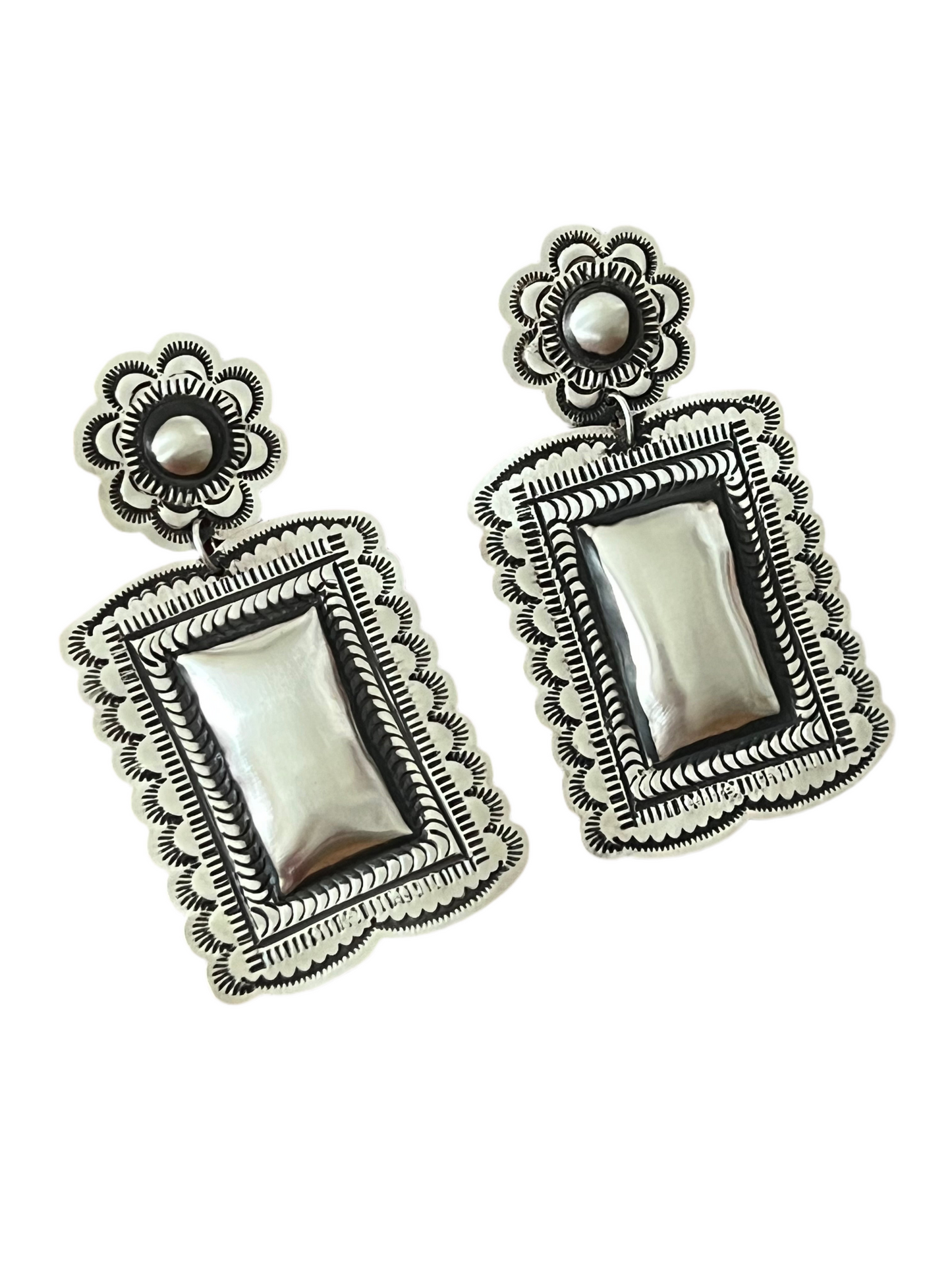 Handmade Navajo Sterling Silver Stamped Repousse Rectangle Earrings by Leander Tahe, R2