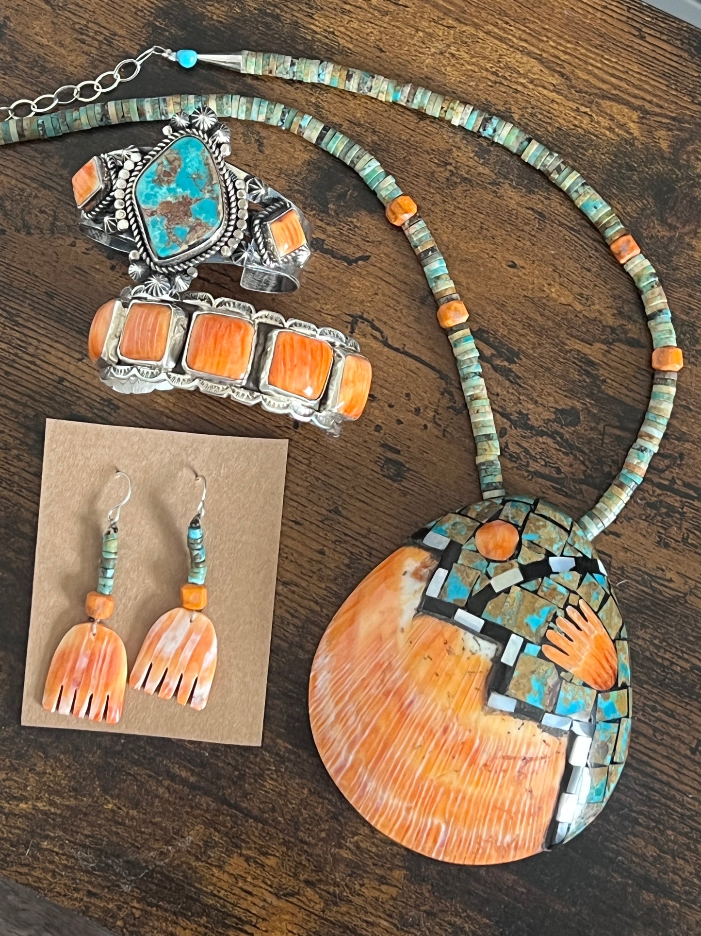Warren Nieto Turquoise and Spiny Oyster Shell Healing Hand Necklace and Earrings Set
