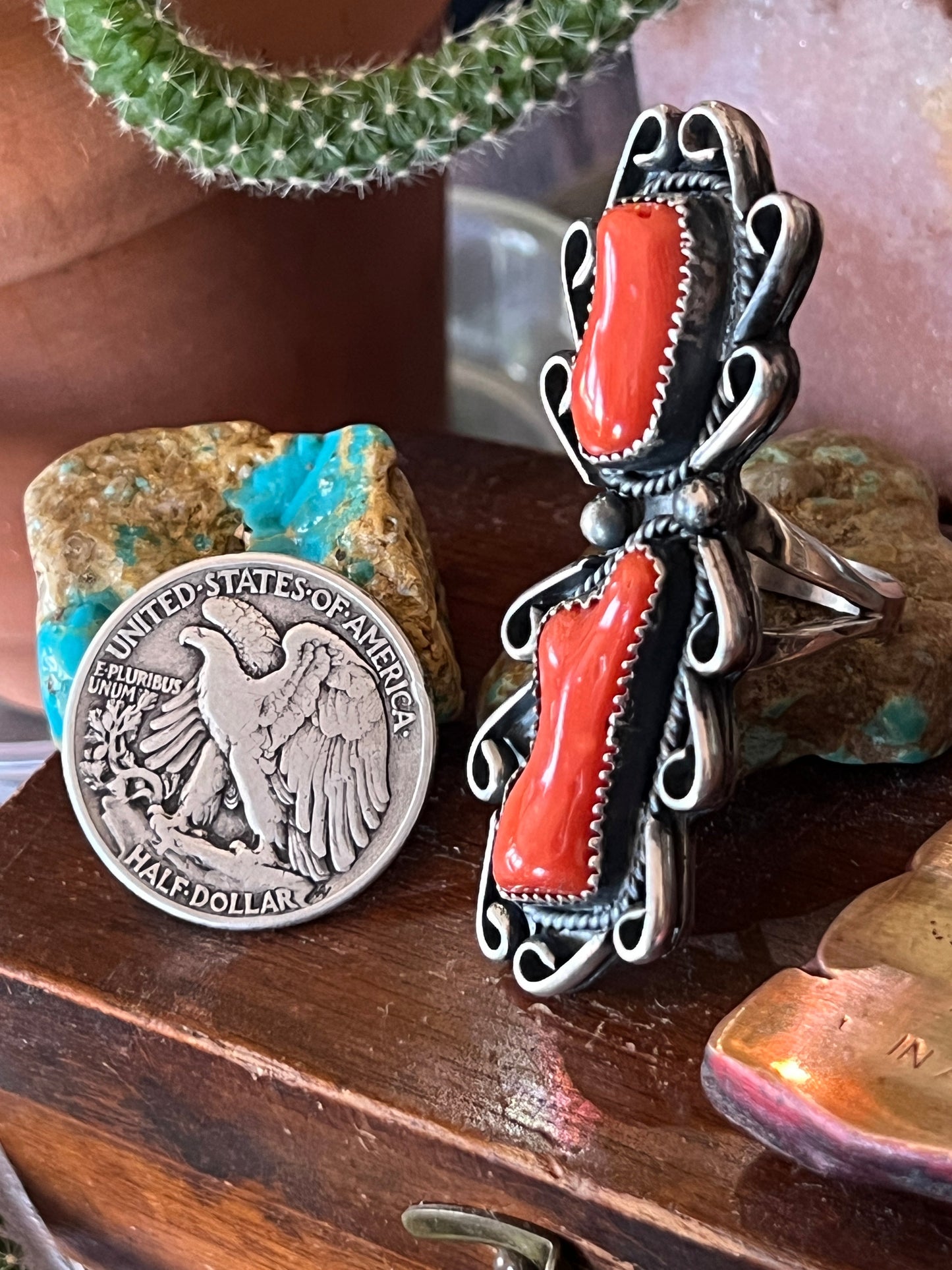 Navajo Stunning Vintage Sterling Silver and Mediterranean Coral Ring, Size 9.5