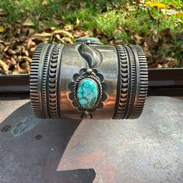 Navajo Made Sterling Silver Turquoise Wonder Woman Cuff Bracelet, Signed Albert Jake