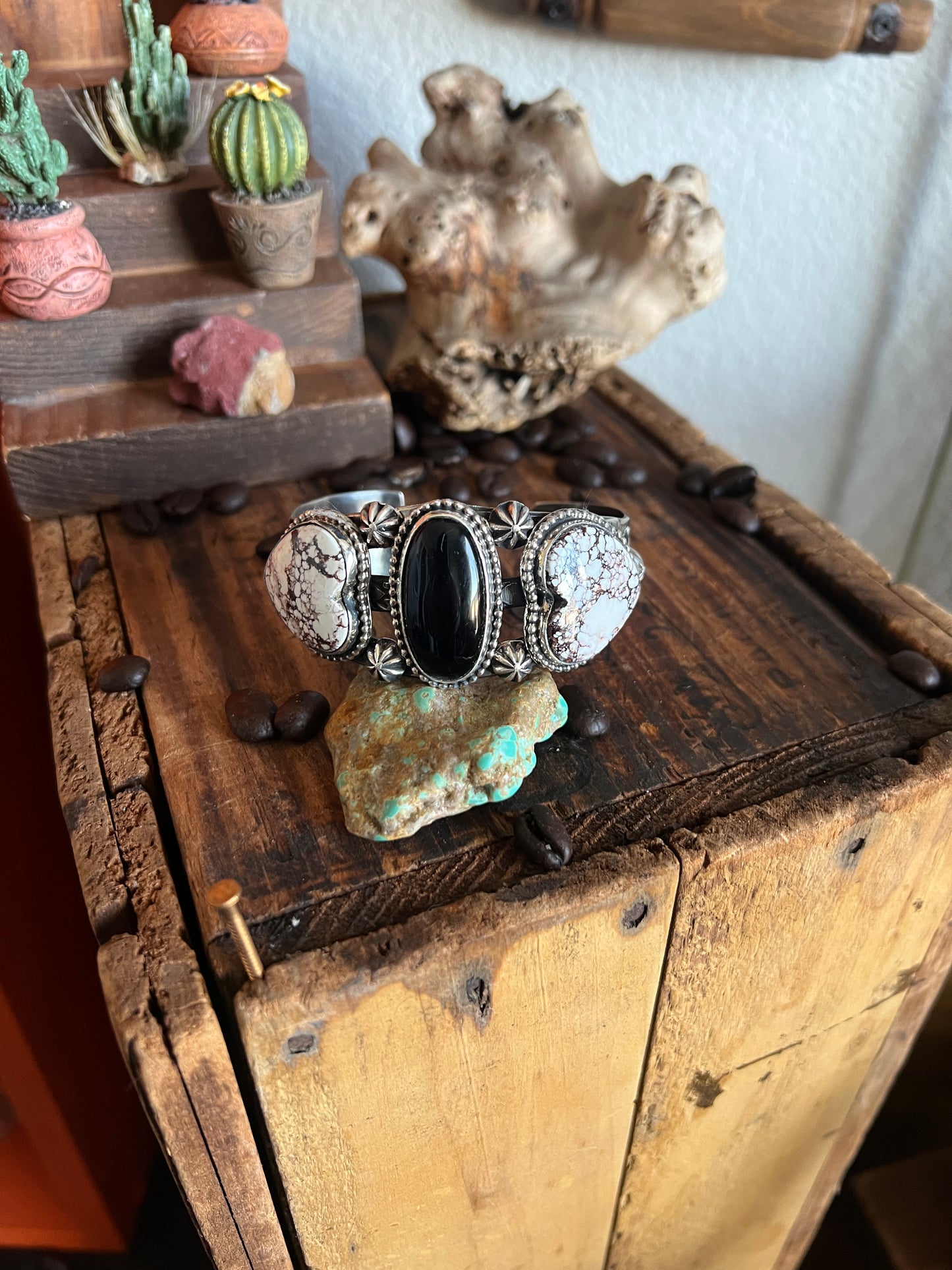 Rosella Paxson Sterling Silver Cuff Bracelet with Wild Horse Magnesite Hearts and Oval Onyx