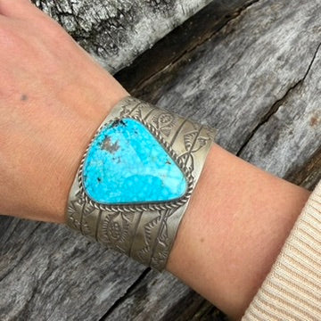 Navajo Made Wide Sterling Silver and Turquoise Teardrop Cuff Bracelet Signed B.E.