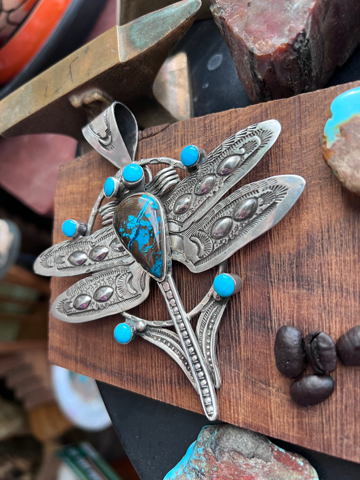 Handcrafted Sterling Silver, Azurite & Turquoise Dragonfly Pendant by Art Tafoya