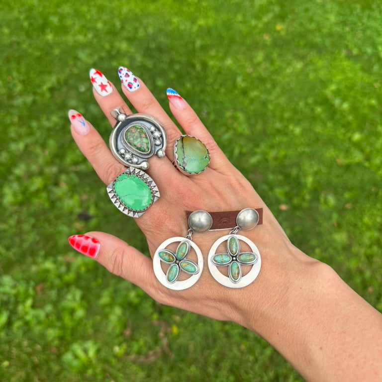 Artisan Made Sterling Silver and Green Turquoise Four Directions Earrings by Dennis Hogan