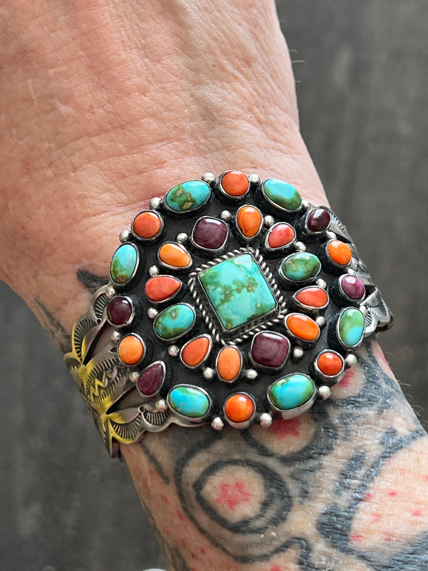 Navajo Sterling Silver Electric Rainbow Sonoran Turquoise and Spiny Oyster Cluster Cuff Bracelet by Murphy Platero
