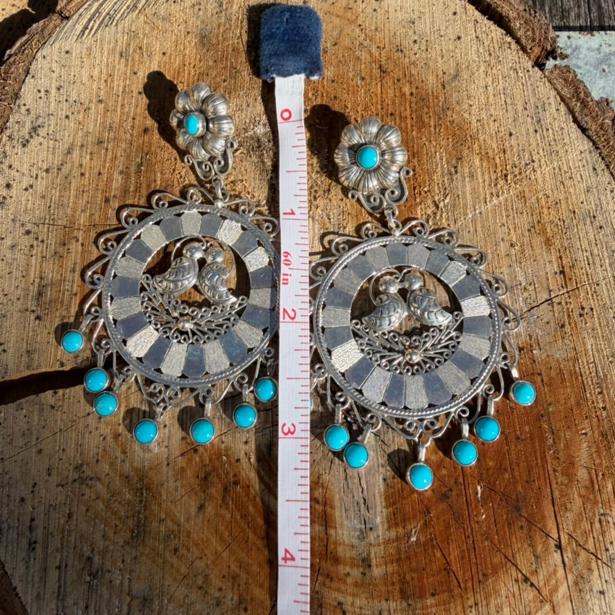 Sterling Silver Disc and Turquoise Filigree Lovebird Earrings by Federico Jimenez