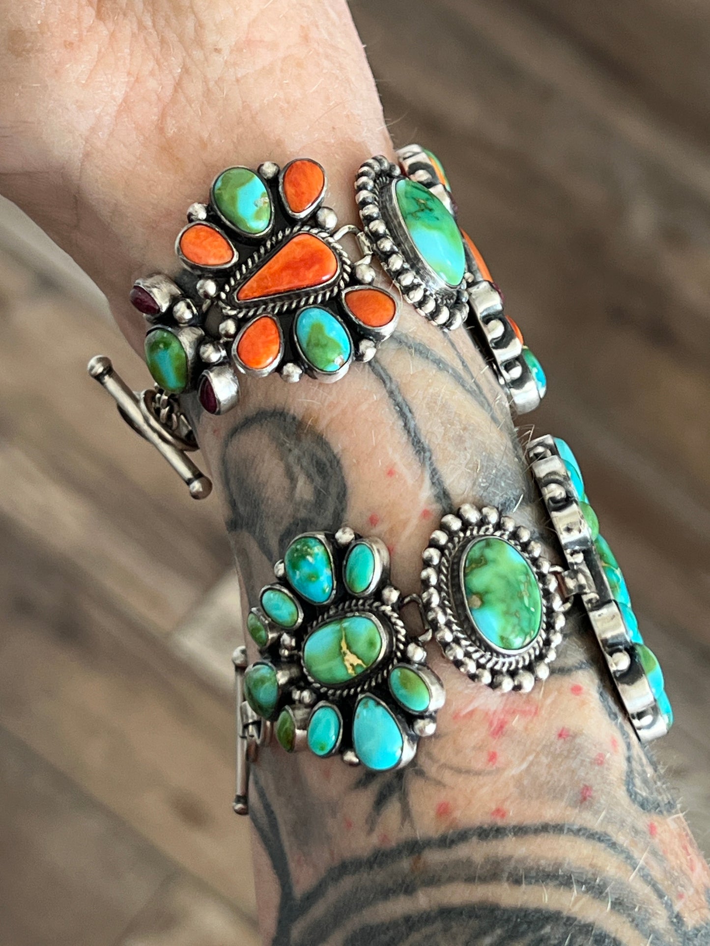 Stunning Navajo Sterling Silver, Sonoran Mountain Turquoise and Spiny Oyster Shell Cluster Link Bracelets by Diane Wylie