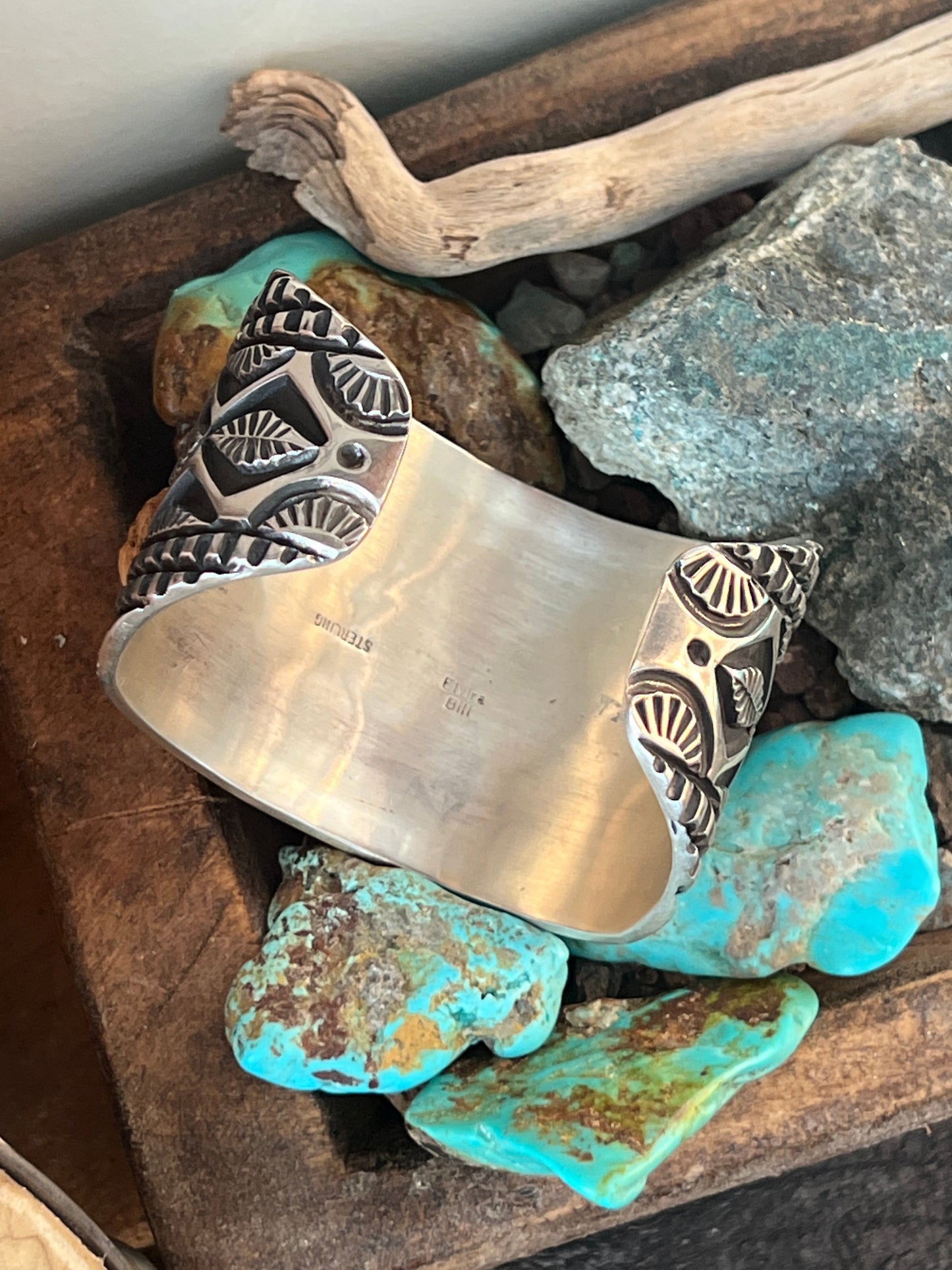 Old Pawn Navajo Sterling Silver Deep Stamped Cuff Bracelet by Elvira Bill