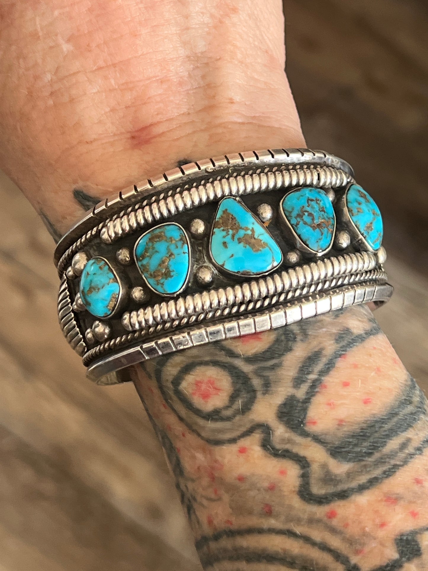 Vintage Hefty Sterling Silver and Turquoise Cuff Bracelet, Signed JY