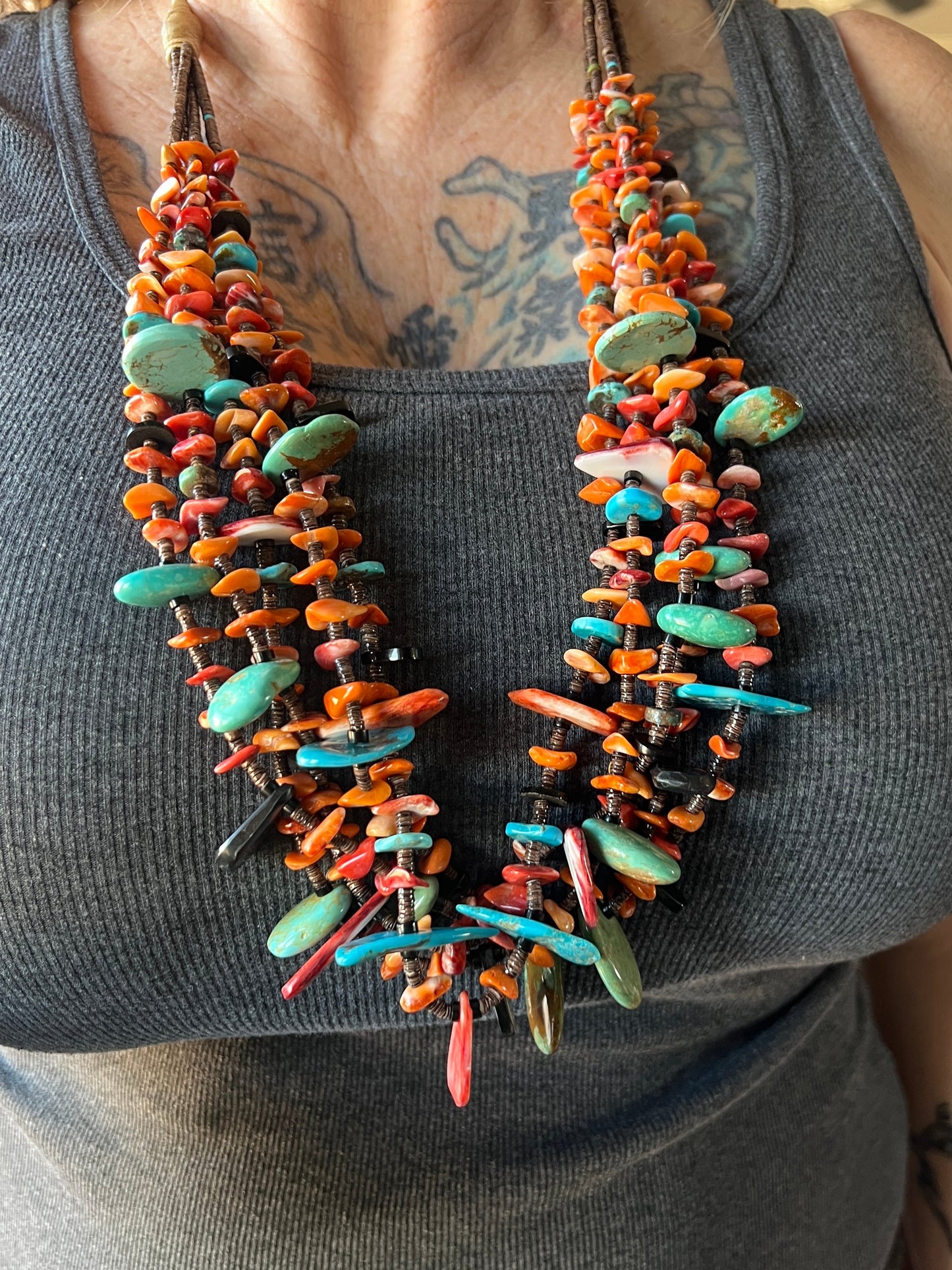 Gorgeous Santo Domingo Made Five Strand Spiny Oyster and Turquoise Beaded Squaw Wrap Necklace with Tabs by Daniel Coriz