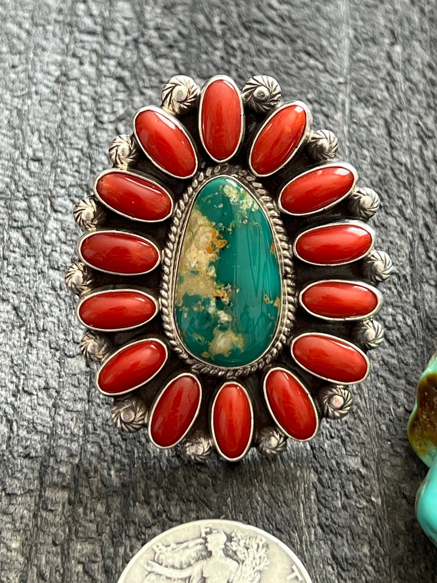 Navajo Sterling Silver, Royston Turquoise and Mediterranean Coral Cluster Ring by Tyler Brown, Adjustable