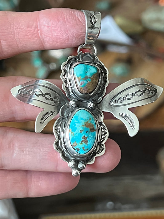Handcrafted Kimari Somers Sterling Silver and Turquoise Winged Bug Pendant