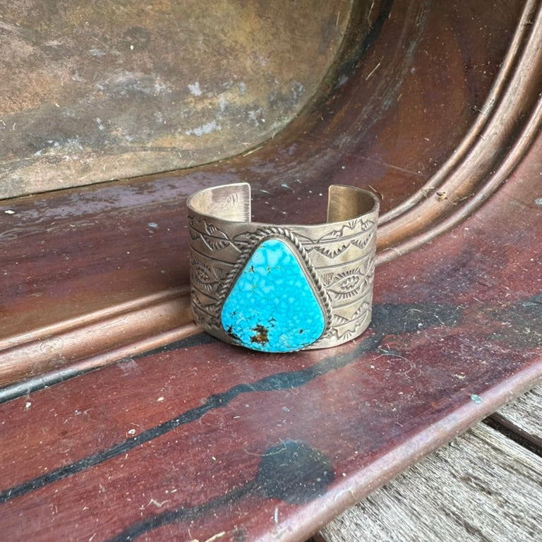 Navajo Made Wide Sterling Silver and Turquoise Teardrop Cuff Bracelet Signed B.E.