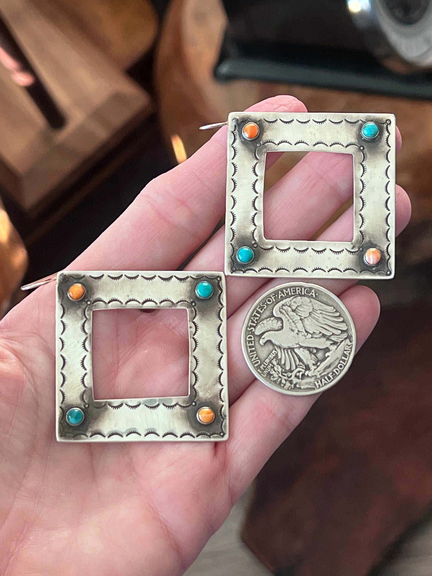 Kimari Somers Handcrafted Square Sterling Silver, Turquoise and Spiny Oyster Shell Earrings