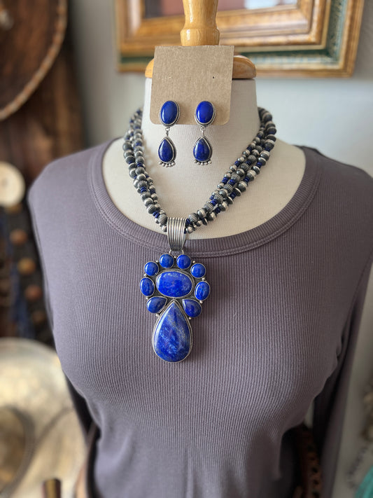 LaRose Ganadonegro & Geneva Apachito Sterling Silver and Lapis Lazuli Necklace and Earrings Set