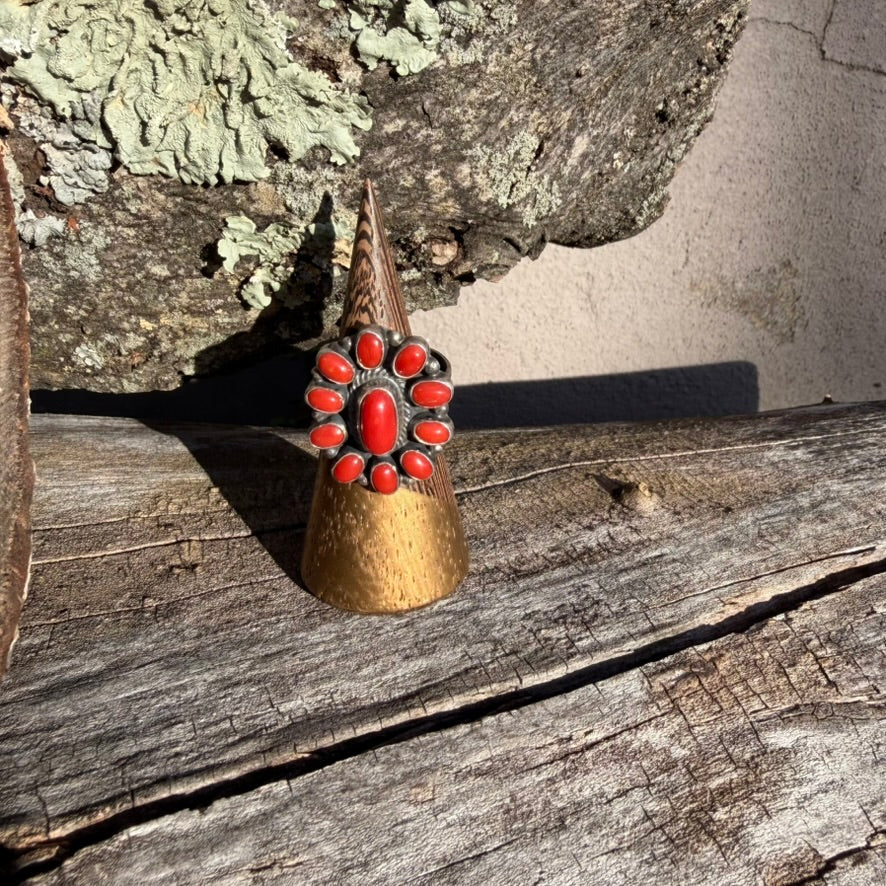 Navajo Sterling Silver Mediterranean Coral Cluster Ring Signed by Leon Martinez