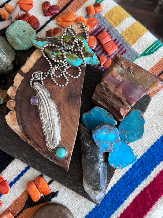 Tularosa Sterling Silver, Turquoise & Amethyst Feather Necklace