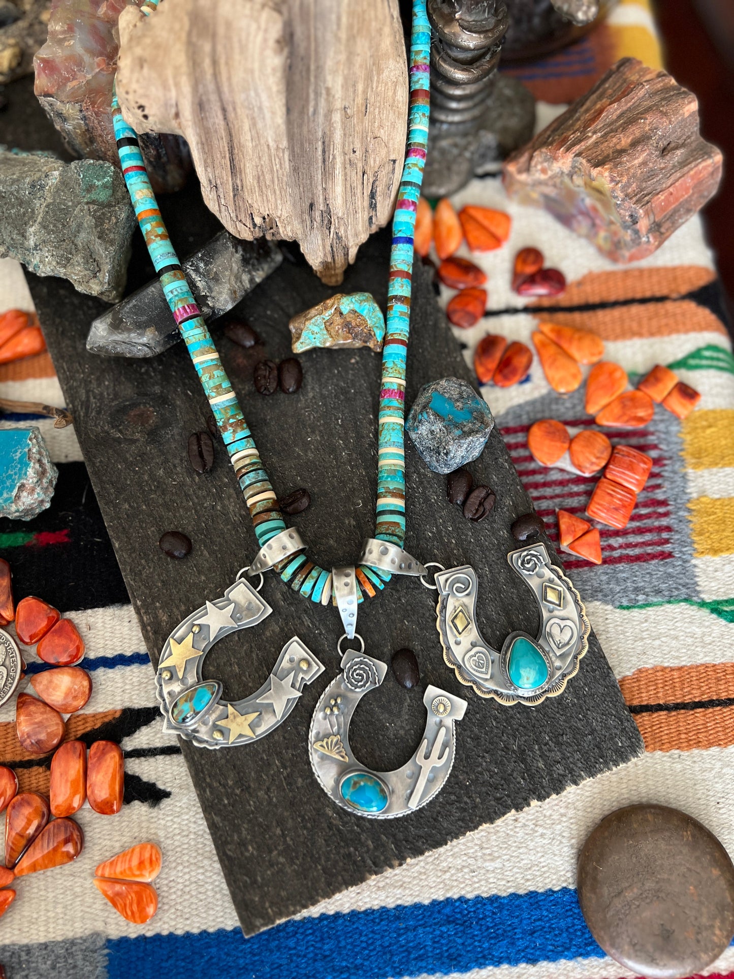 Kimari Somers Hand Stamped Sterling Silver Heart Motif Horseshoe Pendant with Brass & Royston Turquoise