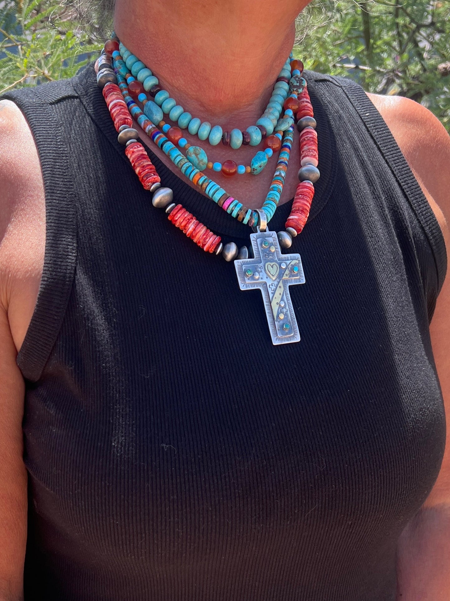 Chunky Sterling Silver and Red Spiny Oyster Single Strand Beaded Necklace by Rose Martin, 22” + 1-1/2”