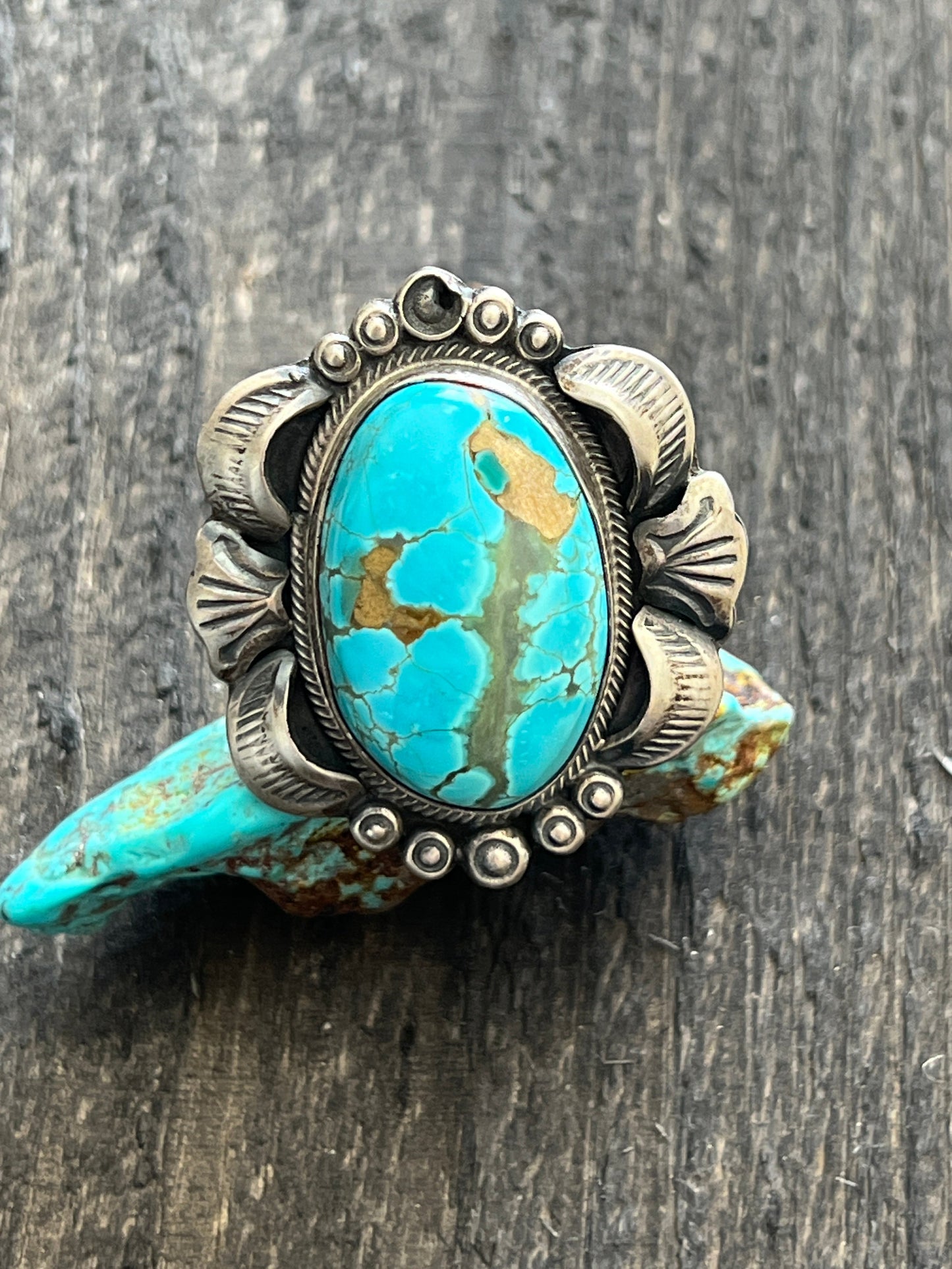 Navajo Sterling Silver and Number 8 Turquoise Single Stone Ring by Gilbert Tom, Size 9