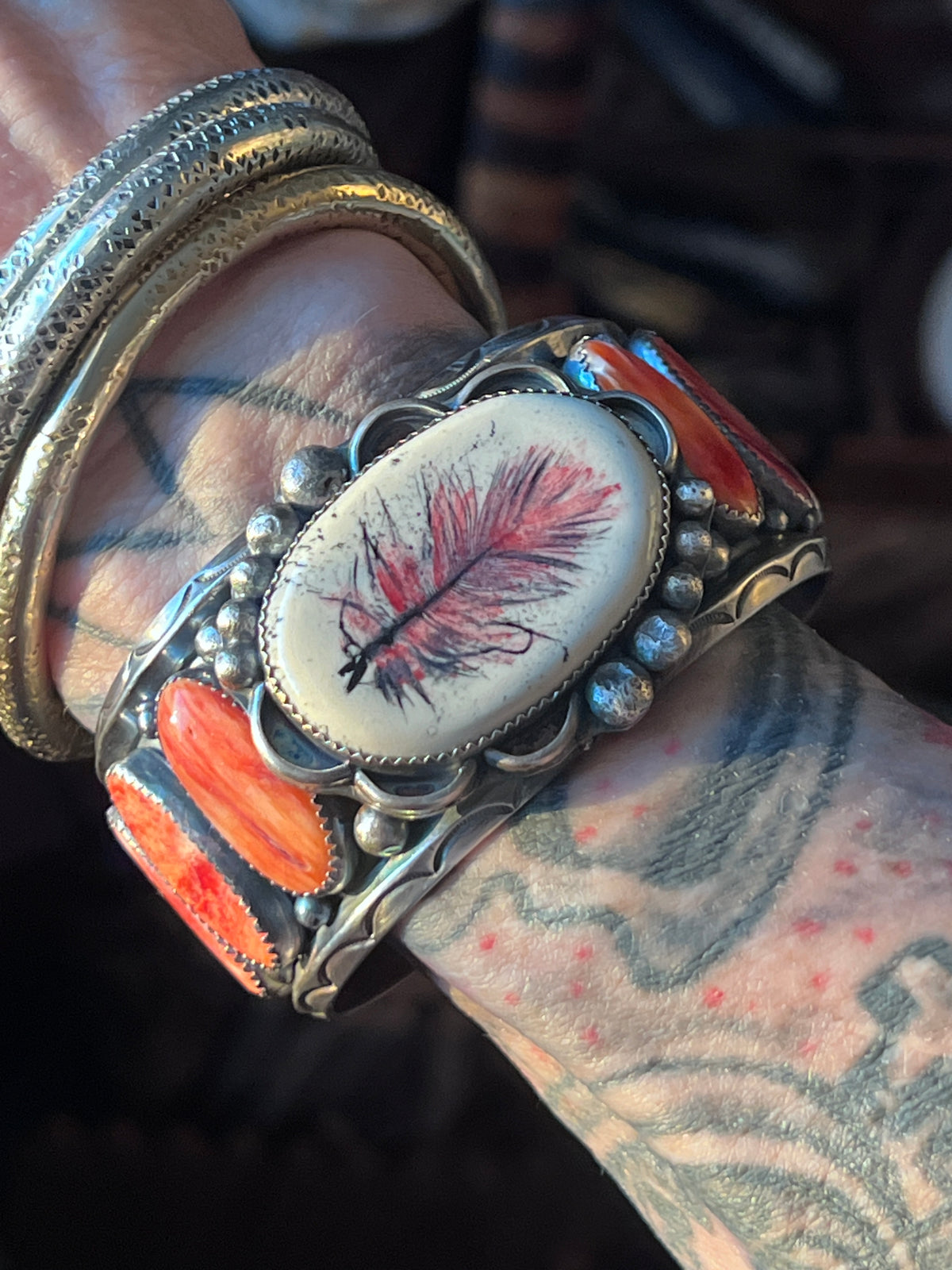 Sterling Silver and Spiny Oyster Shell Repurposed Ben Duboise Watch Cuff Bracelet by Isaac Baca
