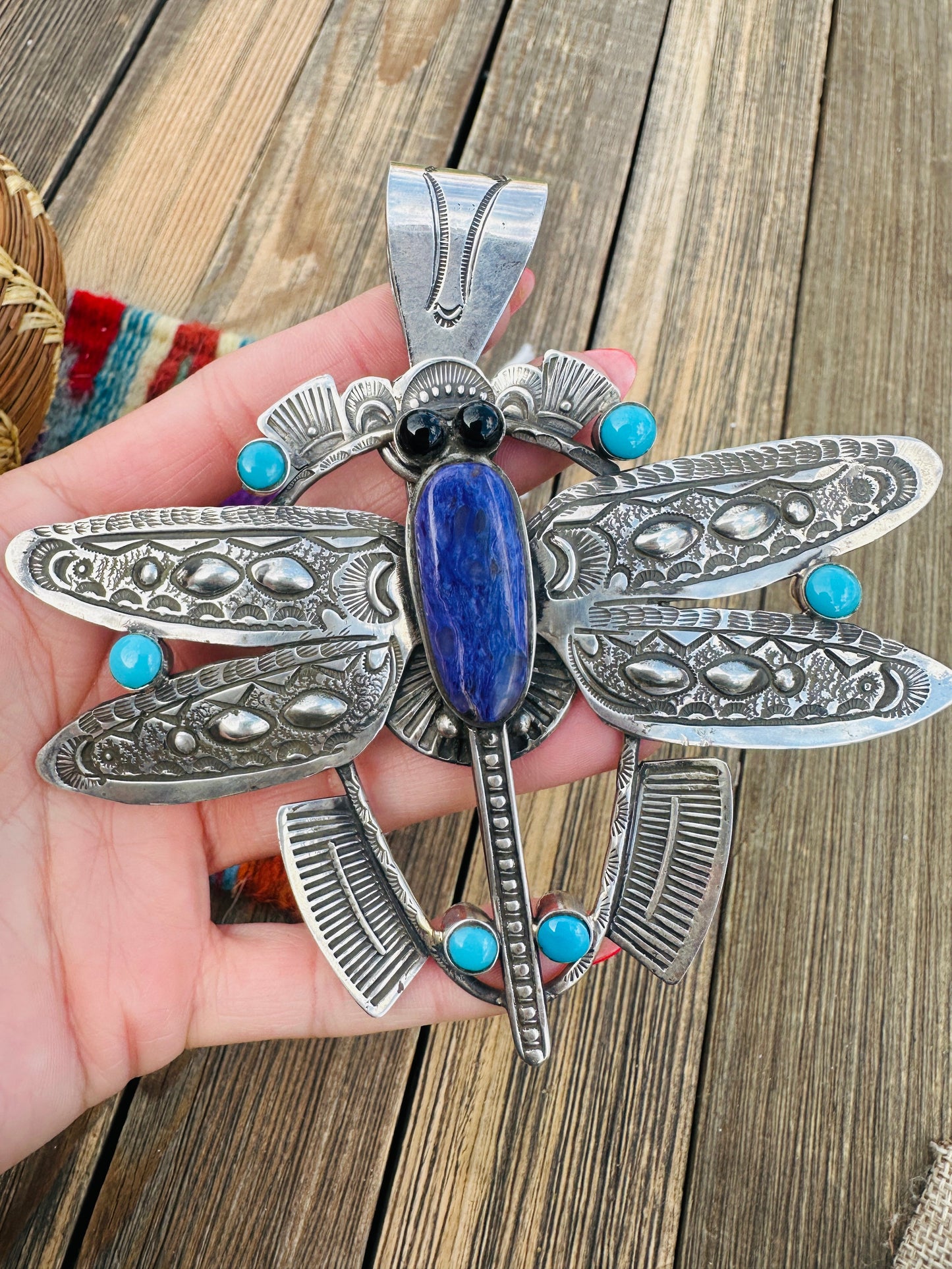 Handcrafted Sterling Silver, Charoite, Turquoise & Onyx Dragonfly Pendant