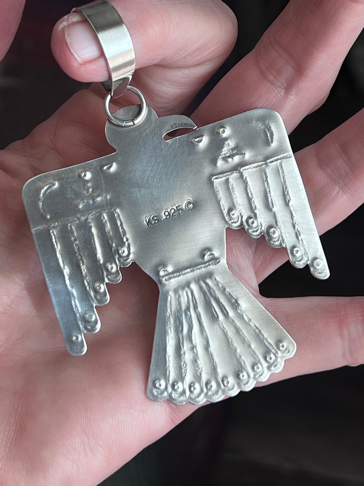 Kimari Somers Hand Stamped Sterling Silver & Kingman Turquoise Thunderbird Pendant 1
