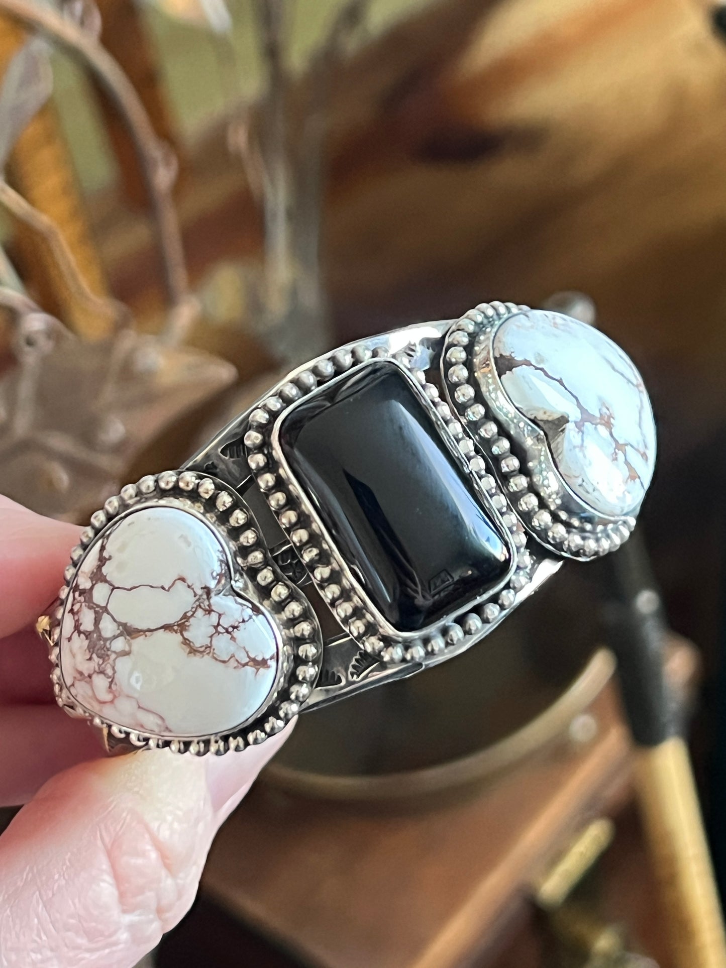 Rosella Paxson Sterling Silver Cuff with Wild Horse Magnesite Hearts and Rectangular Onyx