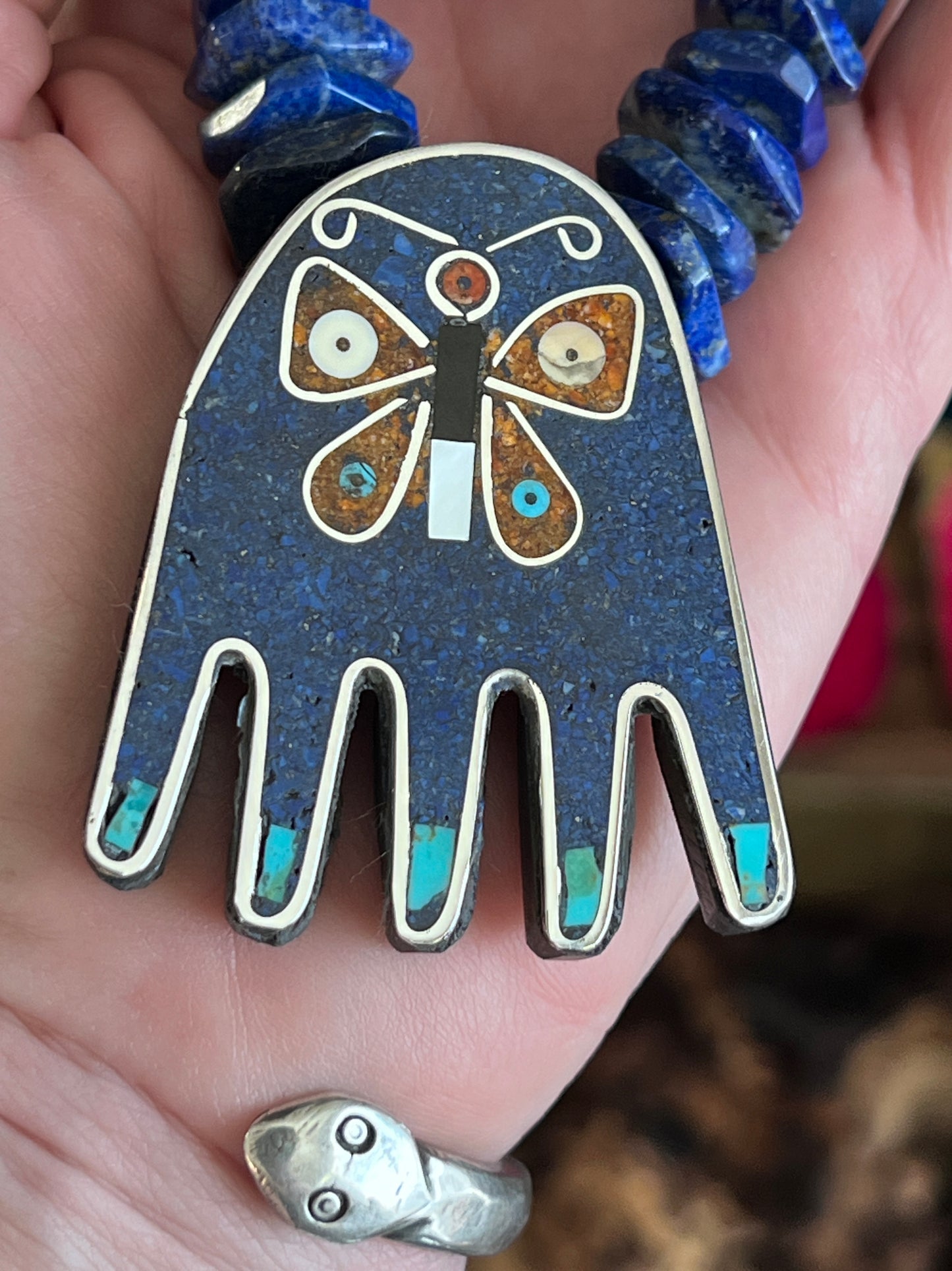 Warren Nieto Sterling Silver and Inlaid Stone Healing Hand and Monsoon Storm Cloud Necklace & Earrings Set