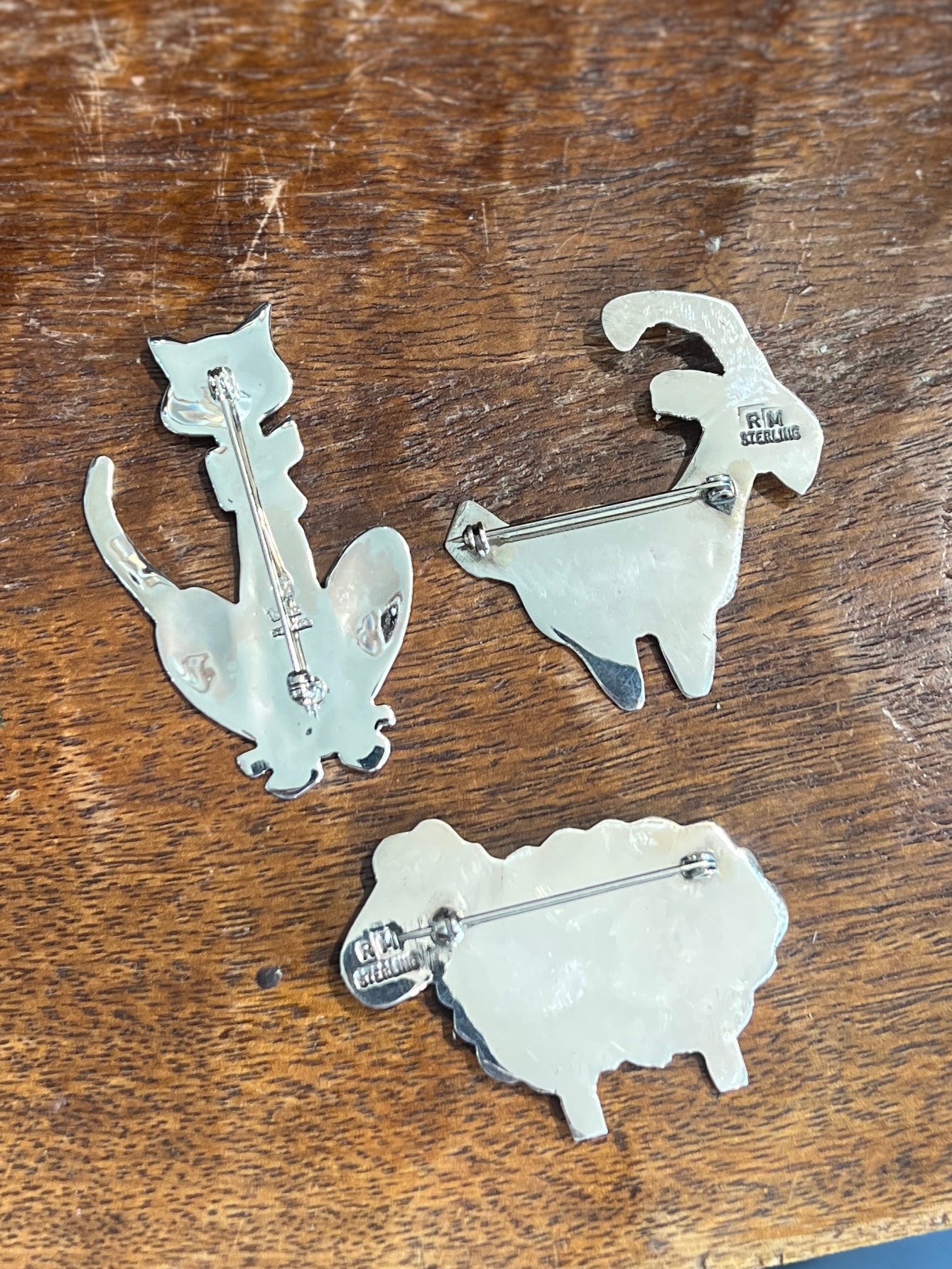 Native Crafted Sterling Silver Figural Animal Brooches: Cat, Sheep, Goat
