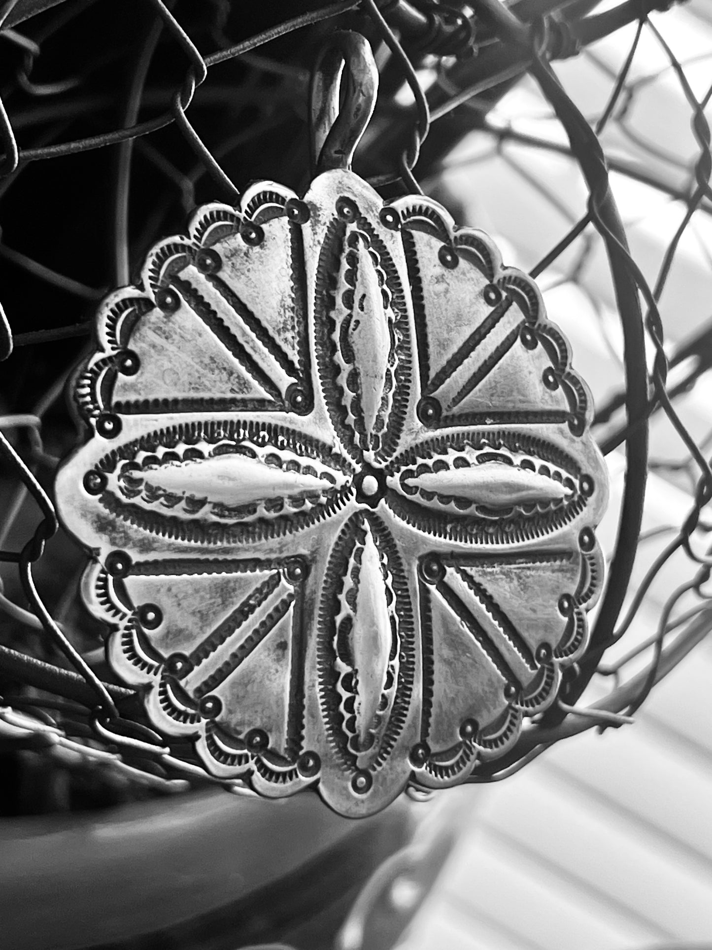 Rustic Sterling Silver Repousse 4 Direction Pendant by Santa Fe Artist, Buffalo