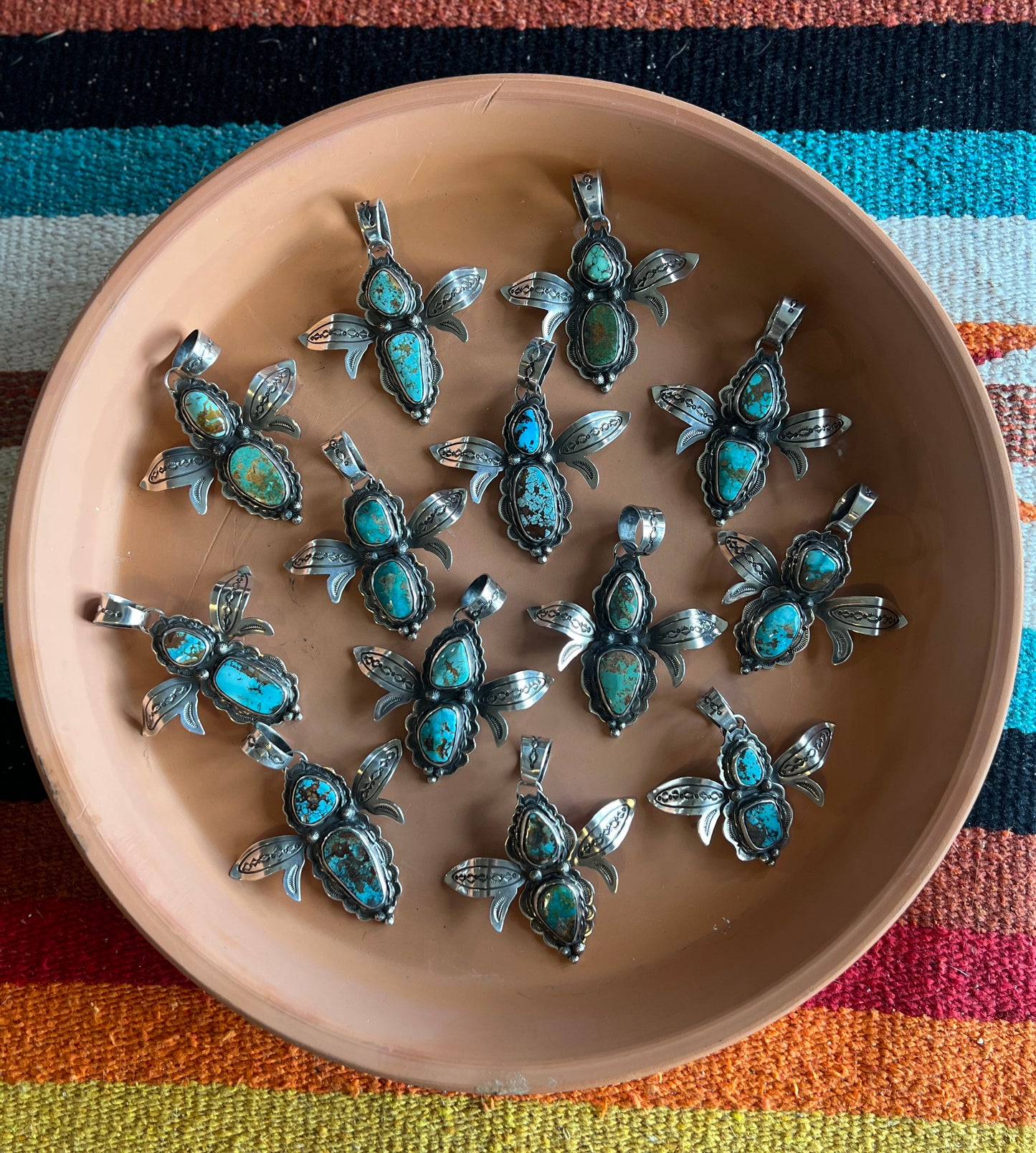 Hand Stamped Sterling Silver and Turquoise Winged Bug Pendant by Kimari Somers