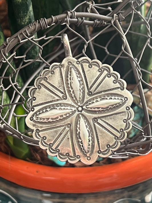 Rustic Sterling Silver Repousse 4 Direction Pendant by Santa Fe Artist, Buffalo