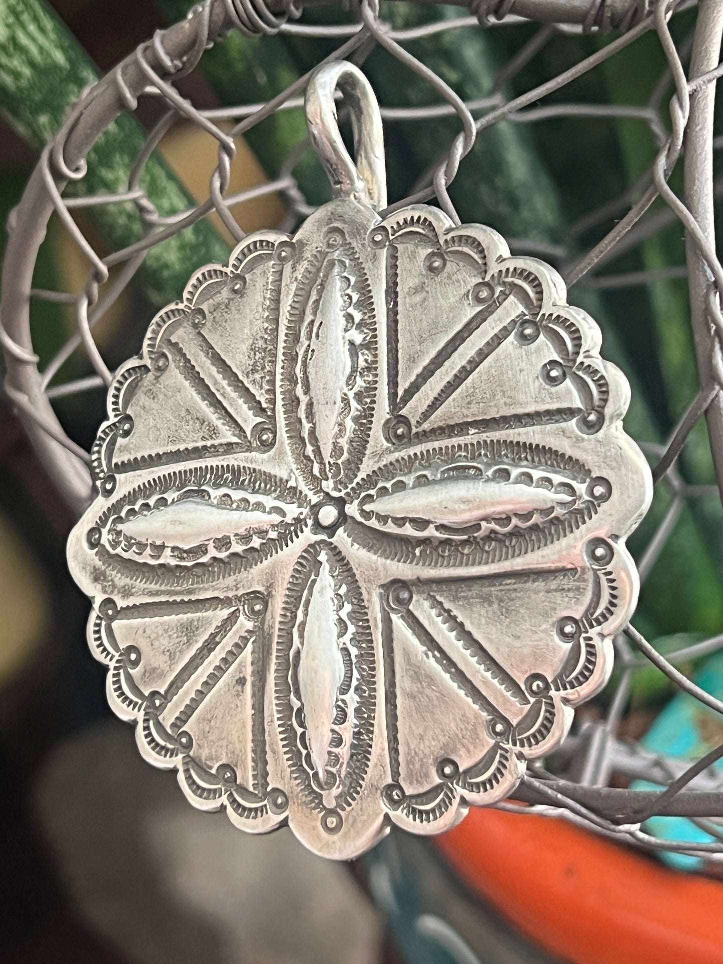 Rustic Sterling Silver Repousse 4 Direction Pendant by Santa Fe Artist, Buffalo