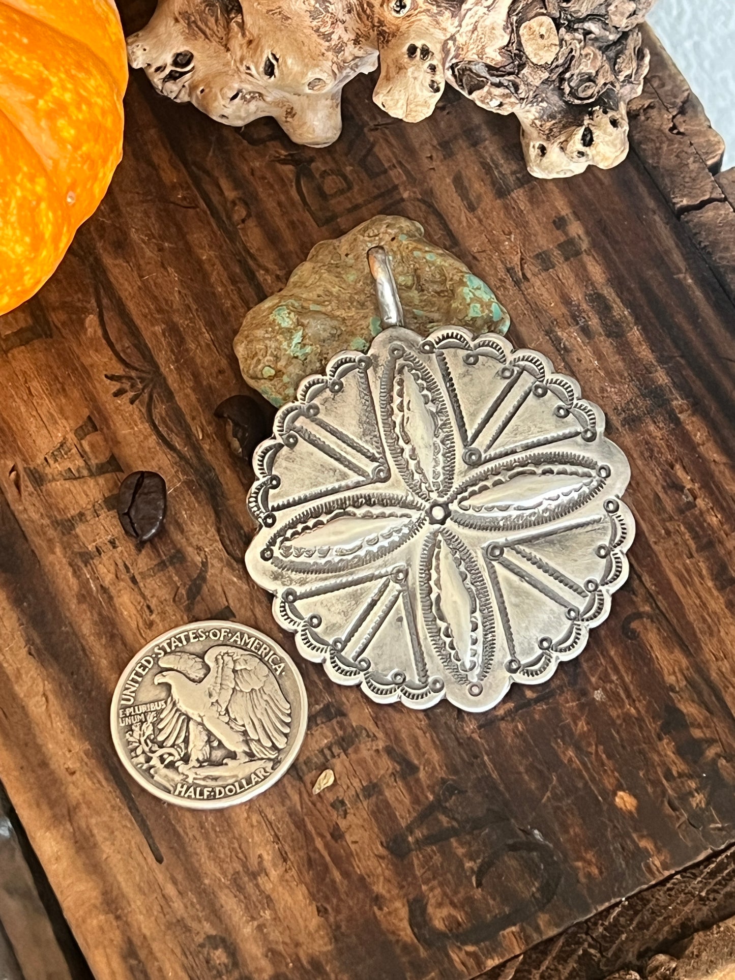 Rustic Sterling Silver Repousse 4 Direction Pendant by Santa Fe Artist, Buffalo