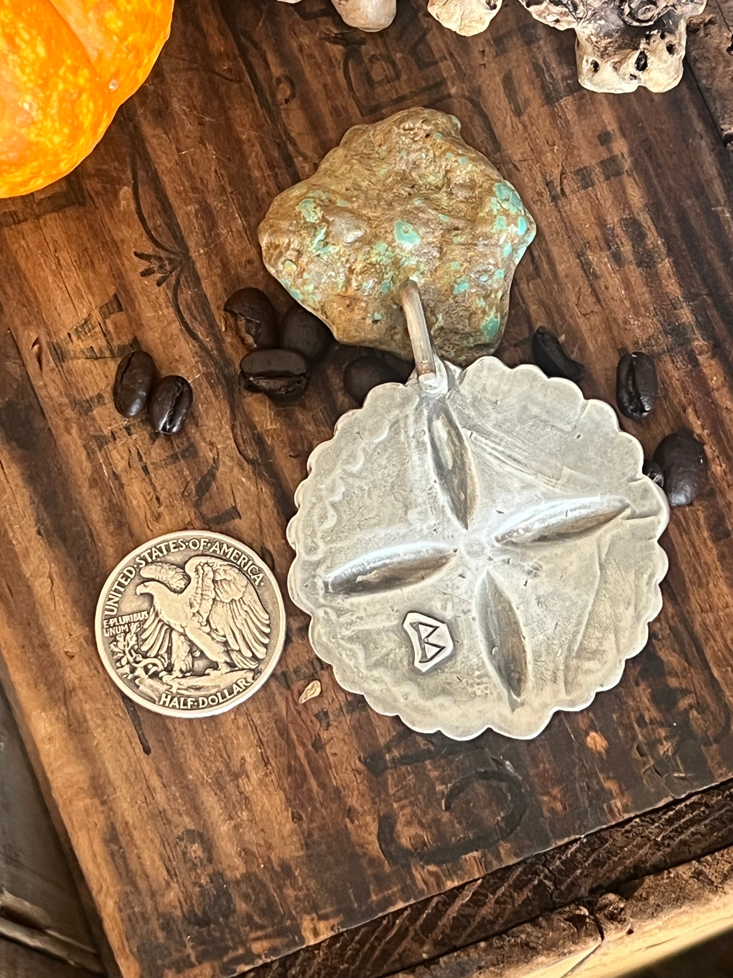 Rustic Sterling Silver Repousse 4 Direction Pendant by Santa Fe Artist, Buffalo