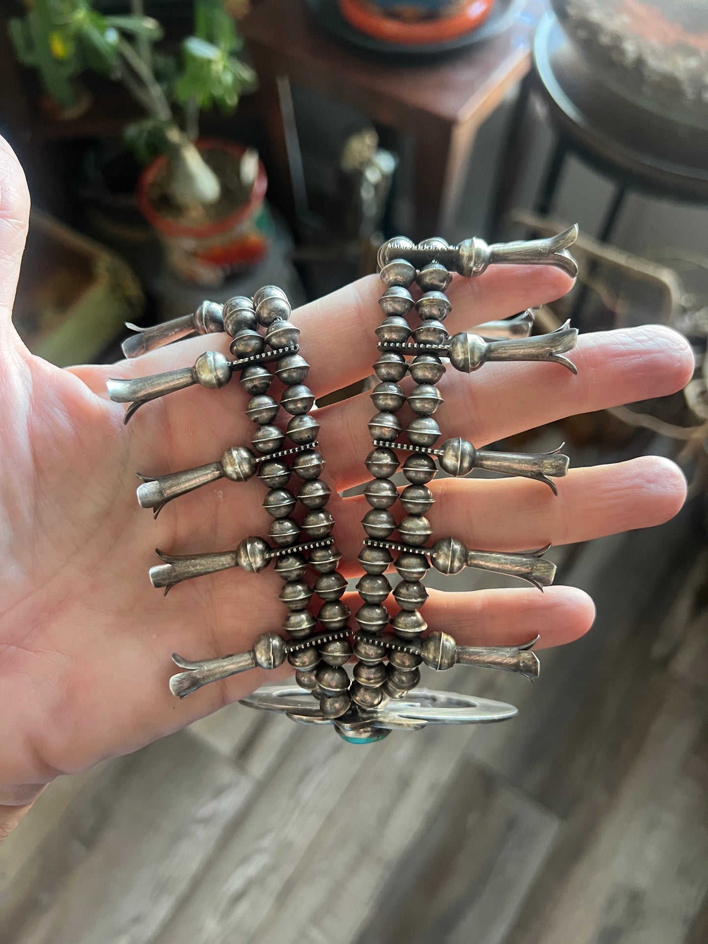 Vintage Sterling Silver and Turquoise Squash Blossom, Hand Terminal Naja