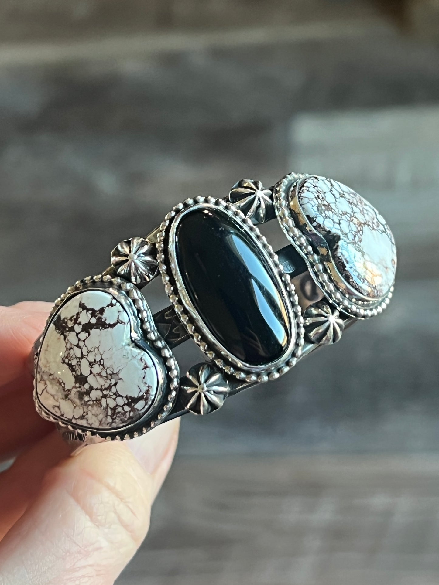 Rosella Paxson Sterling Silver Cuff Bracelet with Wild Horse Magnesite Hearts and Oval Onyx